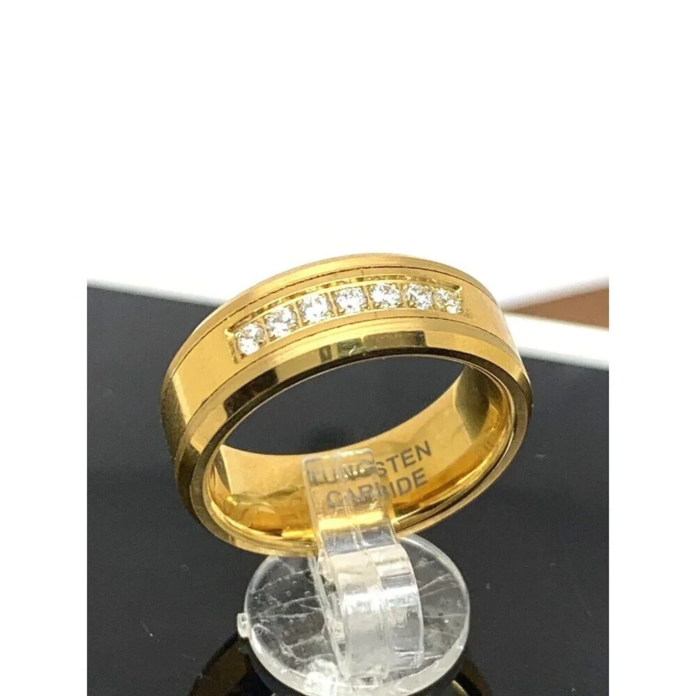 Men's Wedding Band Gold Tone Tungsten Cubic Zirconia 8mm Ring Size 10